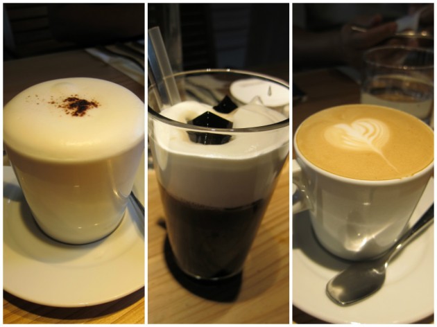 (Left to right): Cappuccino, Ice drip coffee, Latte  