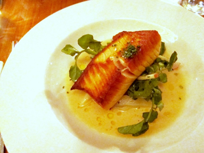 Main: Roasted salmon, salsify, watercress, and apple white butter sauce